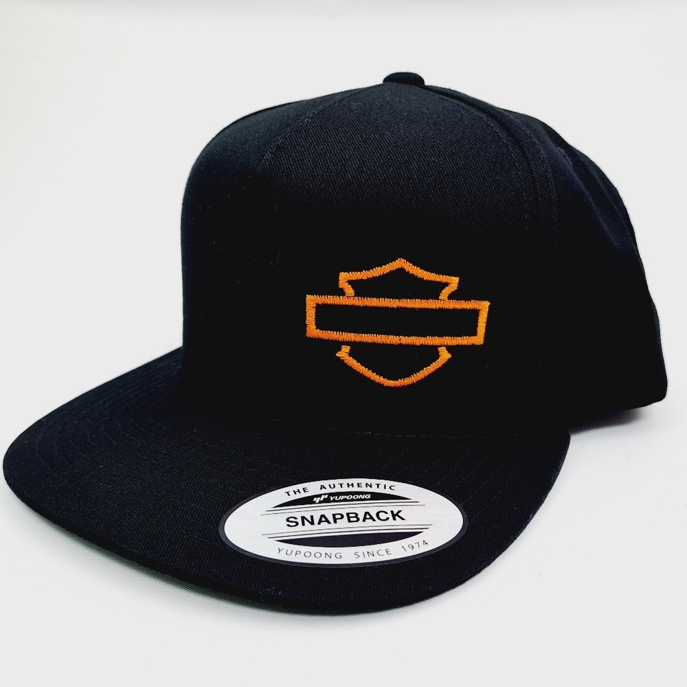 Harley Bar & Shield Flat Bill Snapback Baseball Cap Hat Black Embroidered